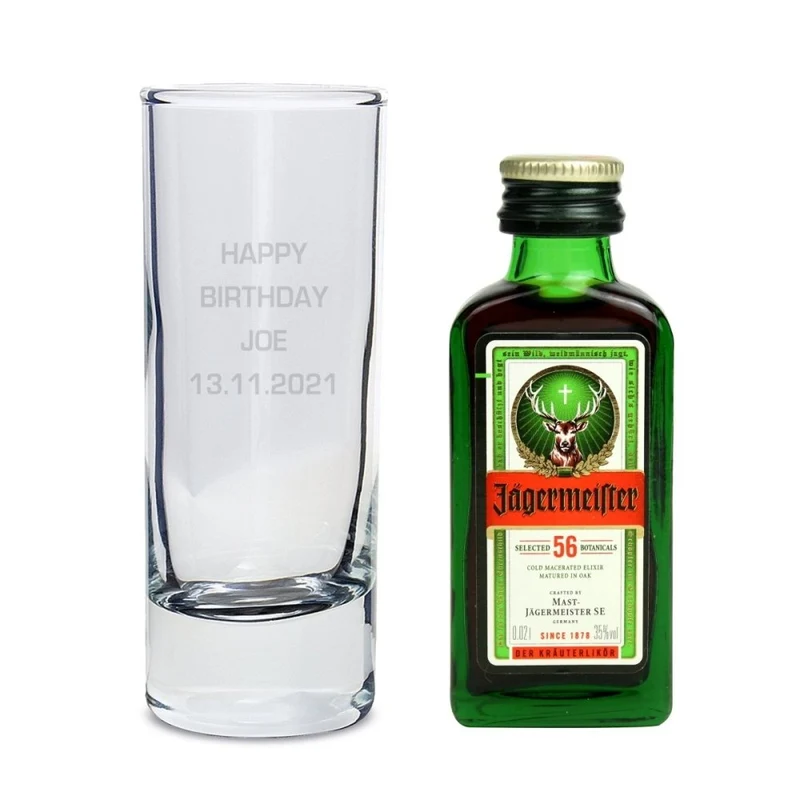 Personalised Jagermeister Shot Glass And Miniature Bottle Of Jagermeister