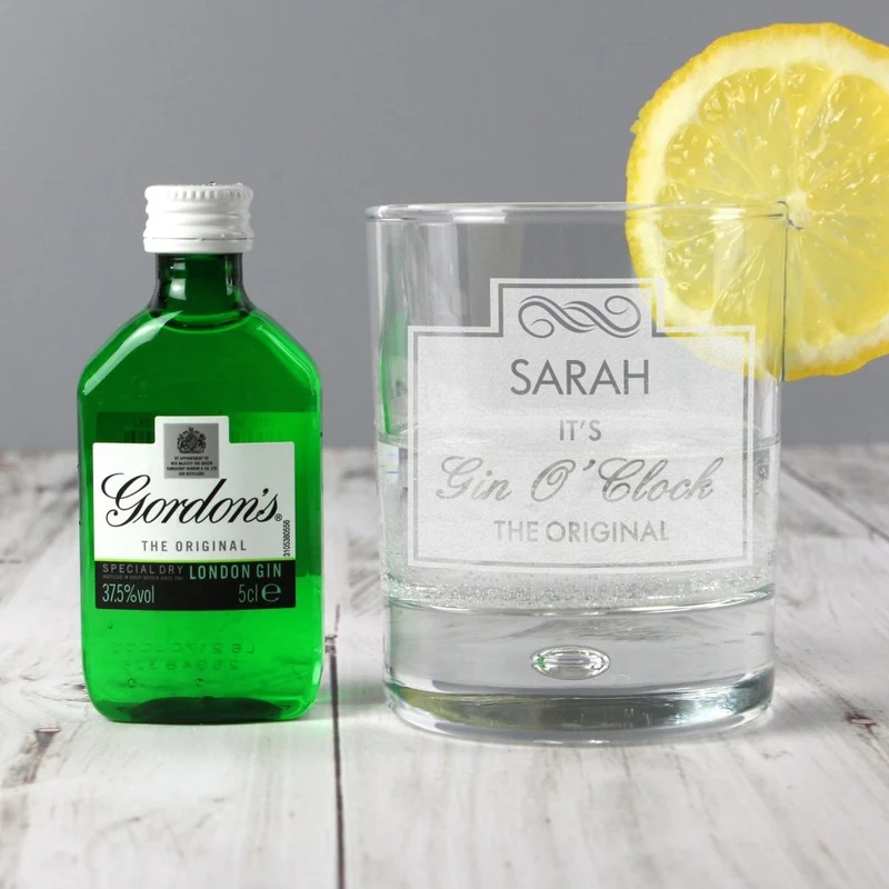 Personalised Gin Oclock Glass & Gin Miniature Set