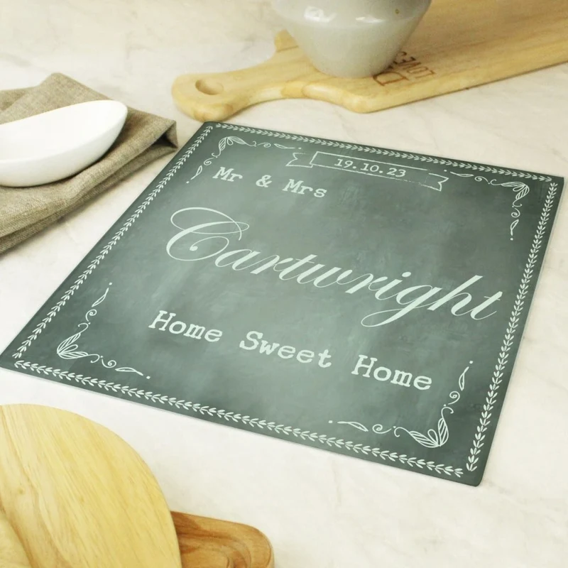 Personalised Family Chalk Glass Chopping Board/Workshop Saver