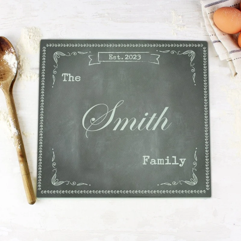 Personalised Family Chalk Glass Chopping Board/Workshop Saver