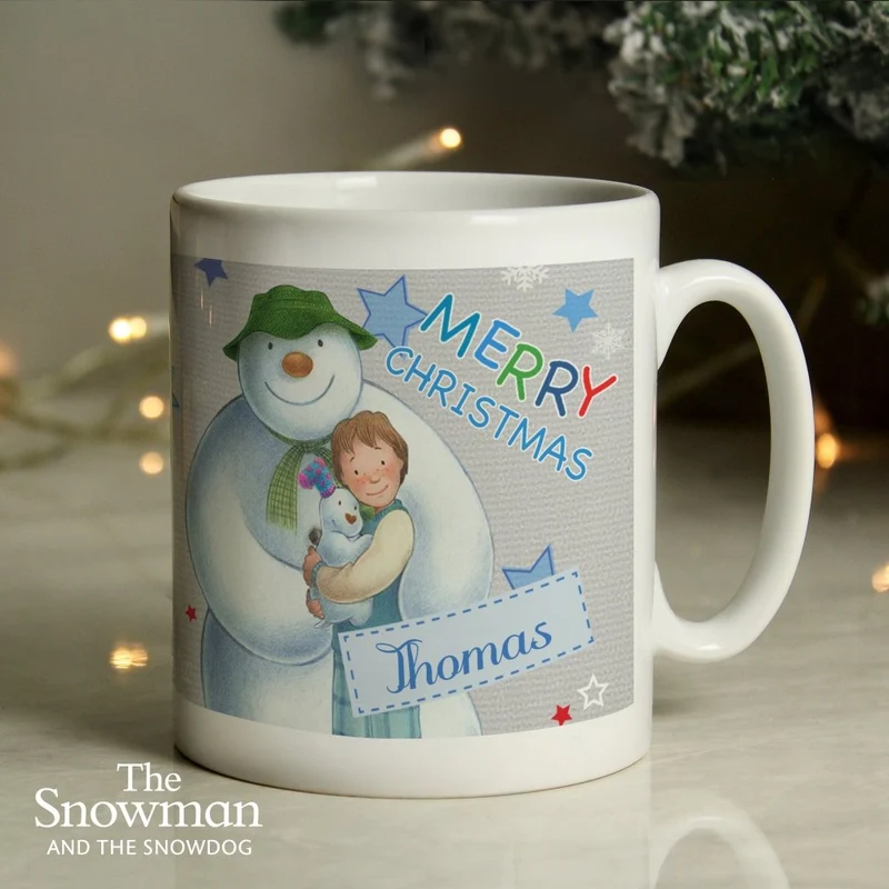 Personalised The Snowman And The Snowdog Blue Mug