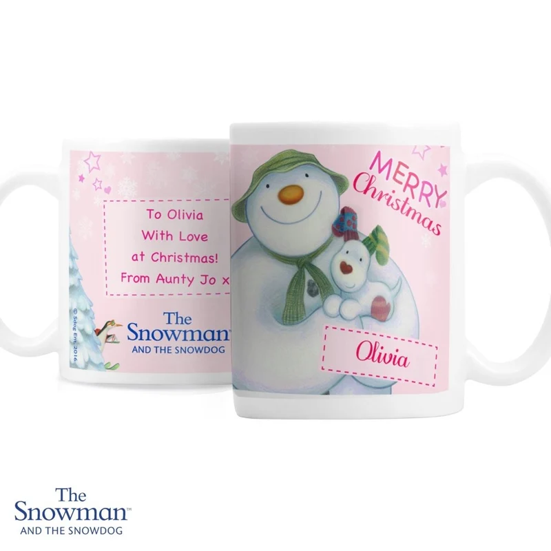 Personalised The Snowman And The Snowdog Pink Mug