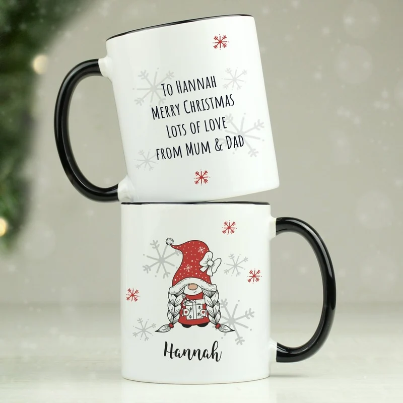Personalised Gonk Family Black HandLED Christmas Mug - Girl