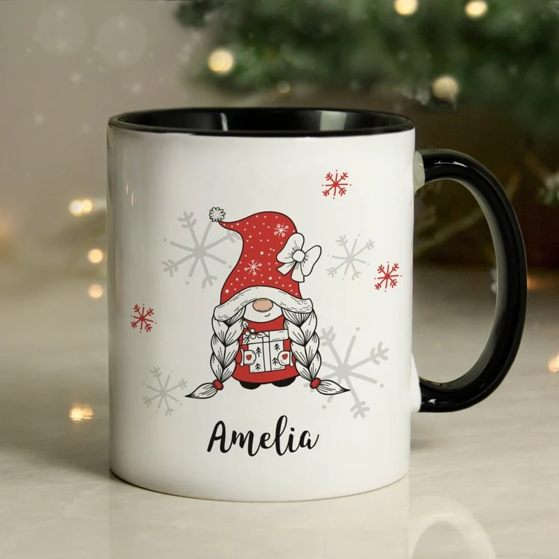 Personalised Gonk Family Black HandLED Christmas Mug - Girl