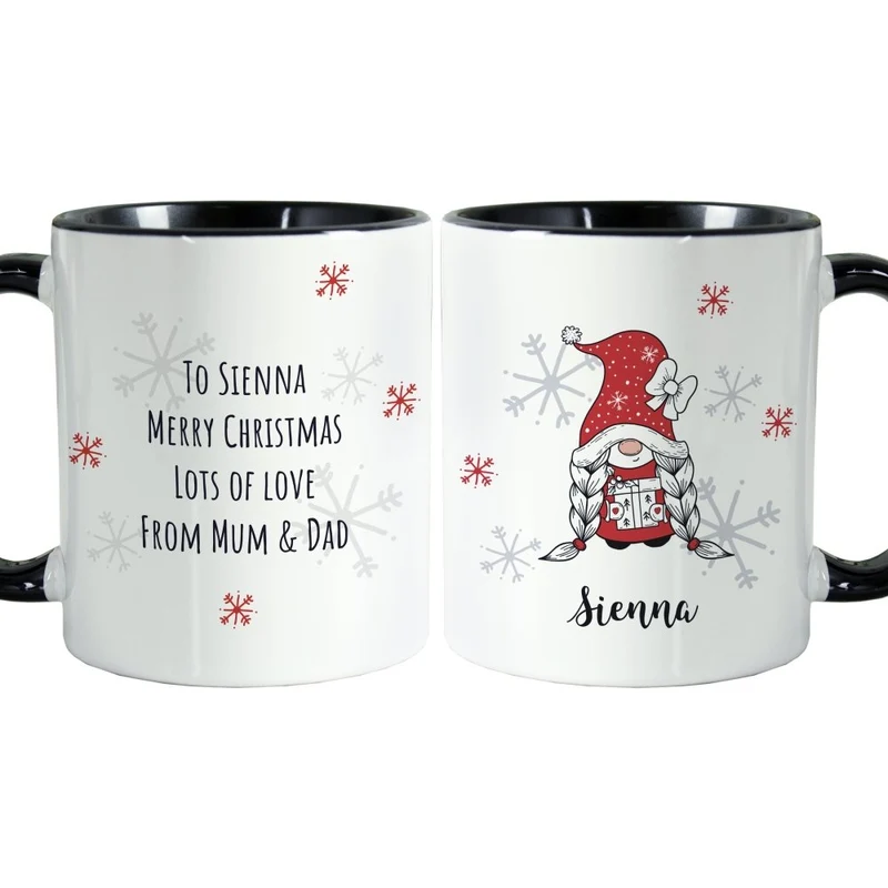 Personalised Gonk Family Black HandLED Christmas Mug - Girl