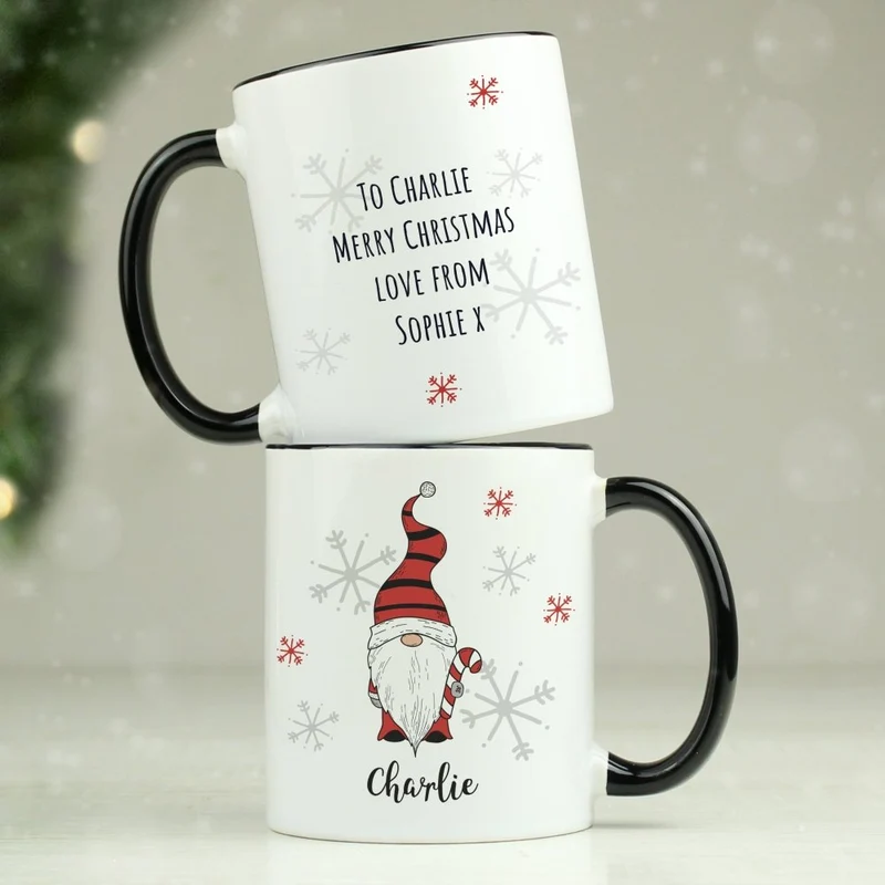 Personalised Gonk Family Black HandLED Christmas Mug - Boy