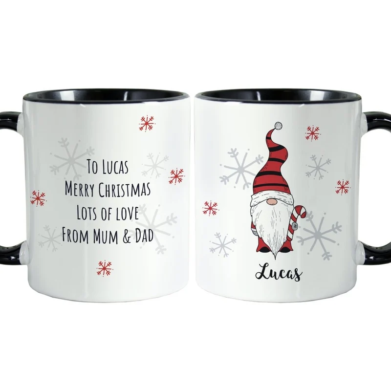 Personalised Gonk Family Black HandLED Christmas Mug - Boy