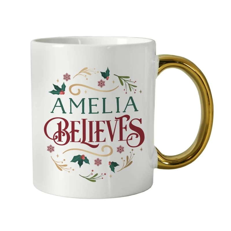 Personalised Believes In Christmas Gold HandLED Mug