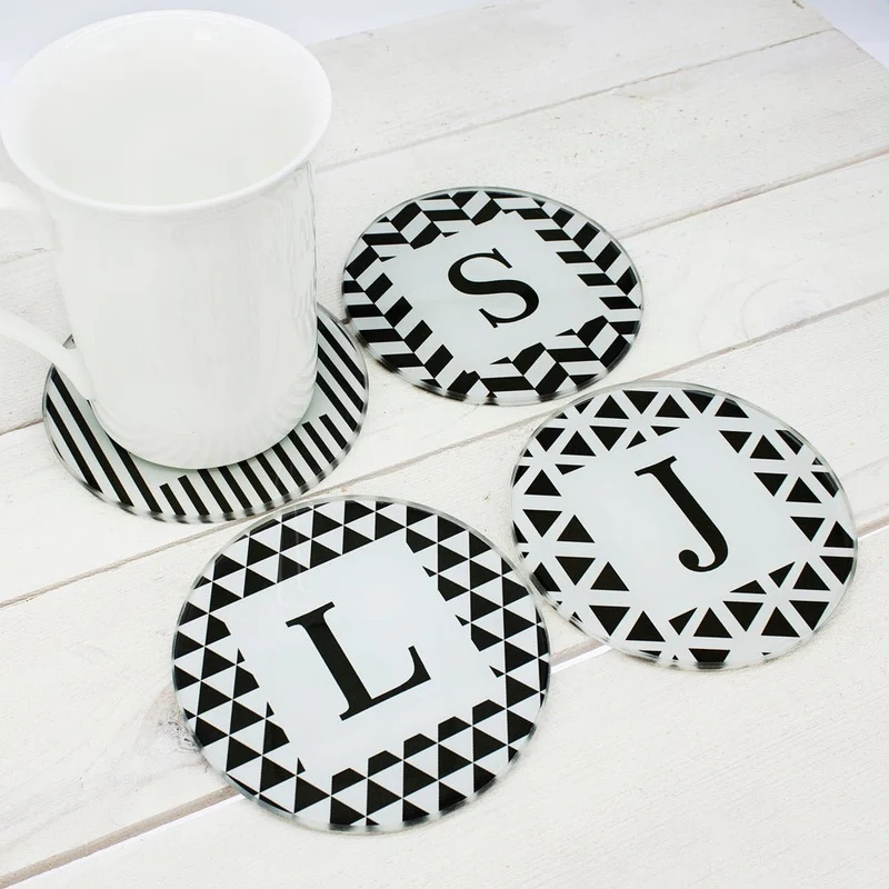 Set Of Four Glass Coasters - Black & White Design
