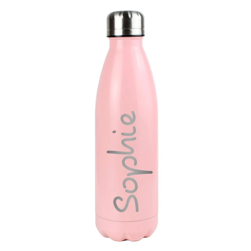 Personalised Name Only Pink Metal Insulated Drinks Bottle