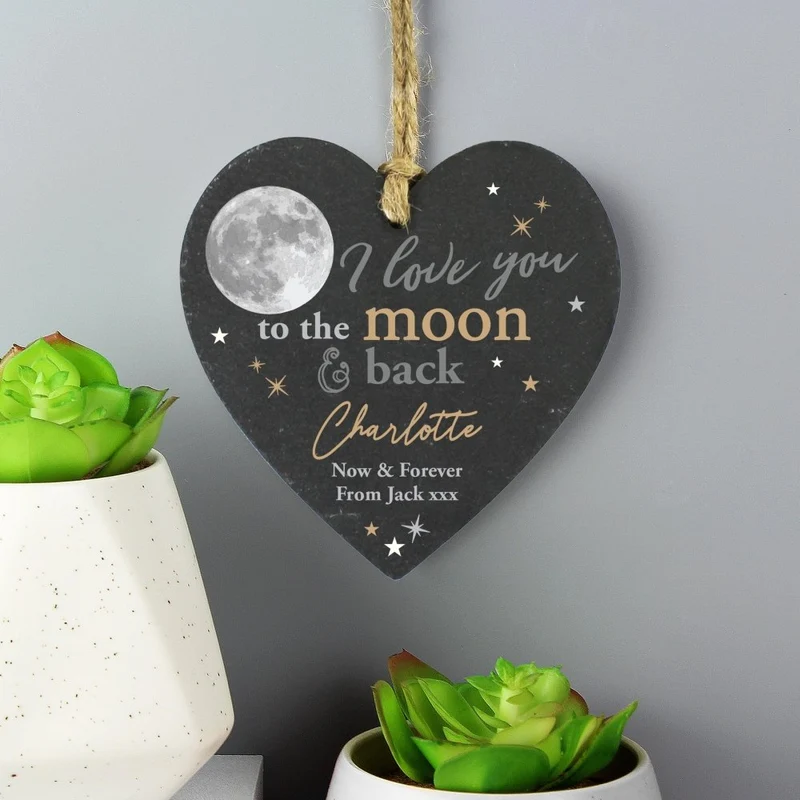 Personalised Moon And Back Slate Heart Decoration