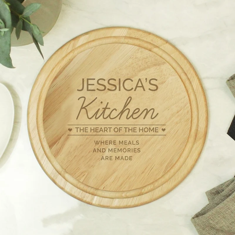Personalised Heart Of The Home Round Wooden Chopping Board