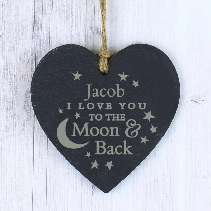 Personalised Engraved Moon And Back Slate Heart Decoration