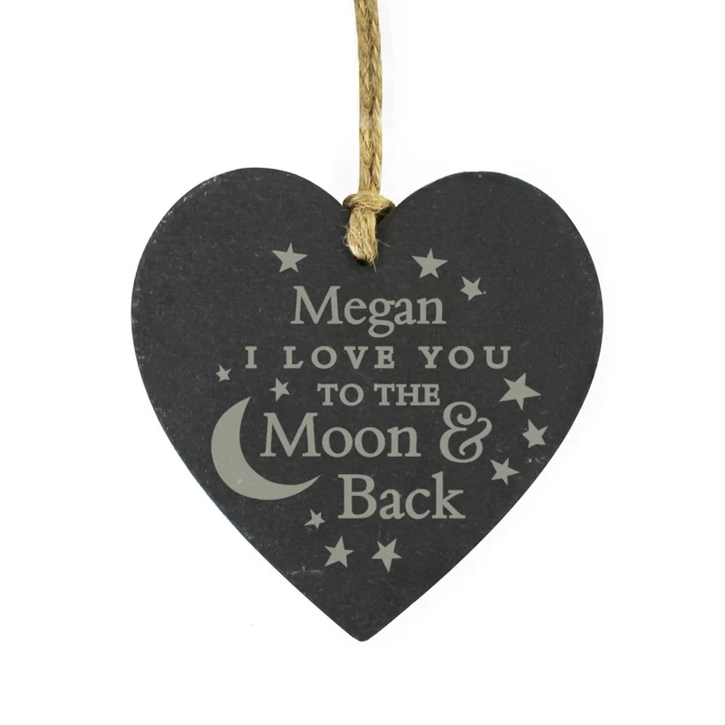 Personalised Engraved Moon And Back Slate Heart Decoration