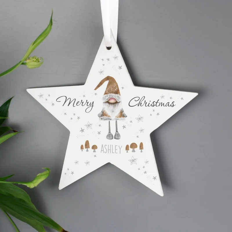 Personalised Christmas Gonk Wooden Star Decoration