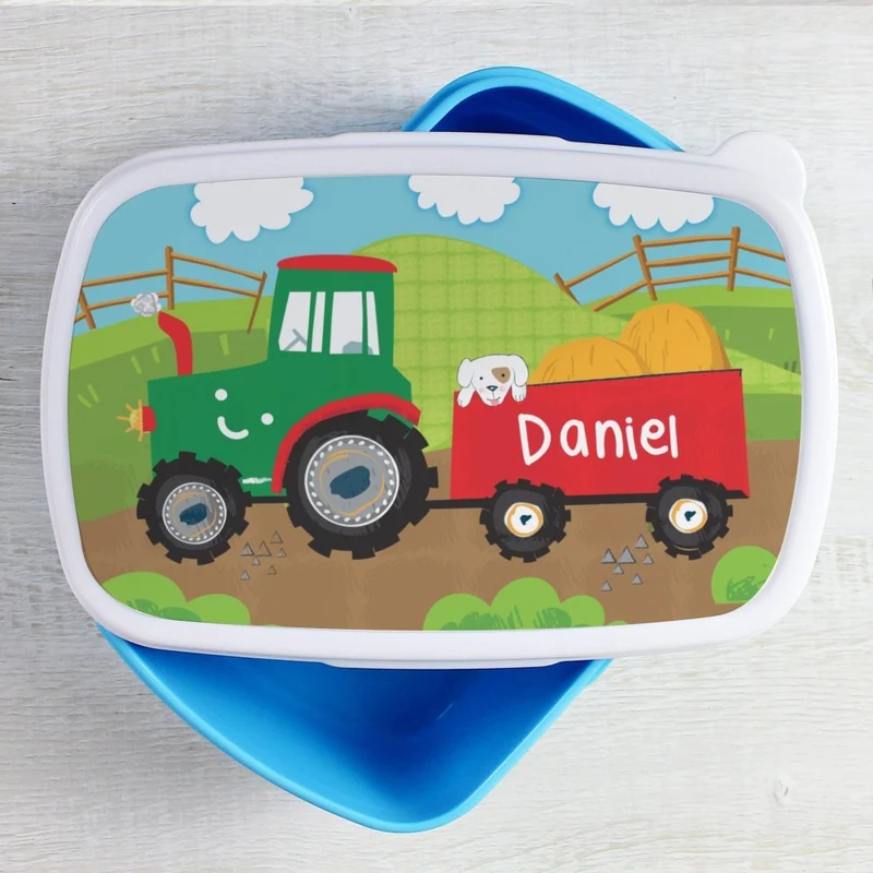 Personalised Tractor Name Only Blue Lunch Box