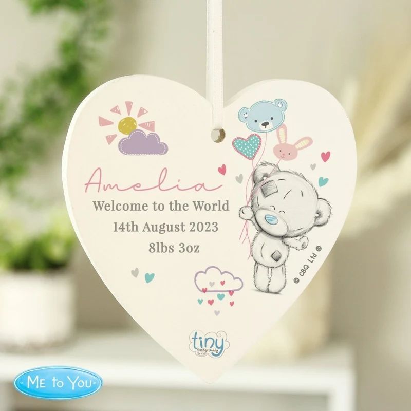 Personalised Tiny Tatty Teddy Pink Wooden Heart Decoration