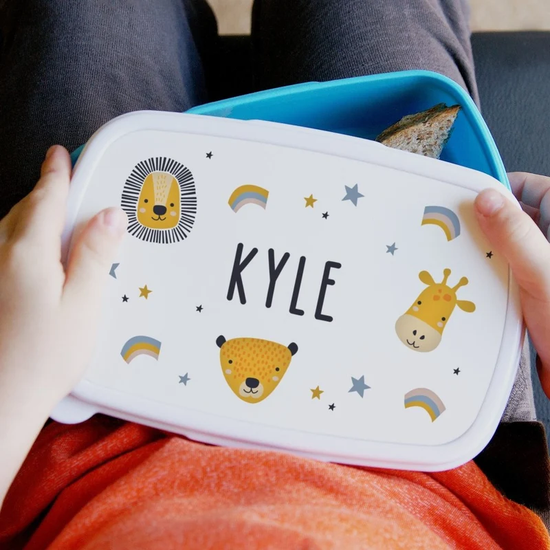 Personalised Safari Animals Name Only Blue Lunch Box