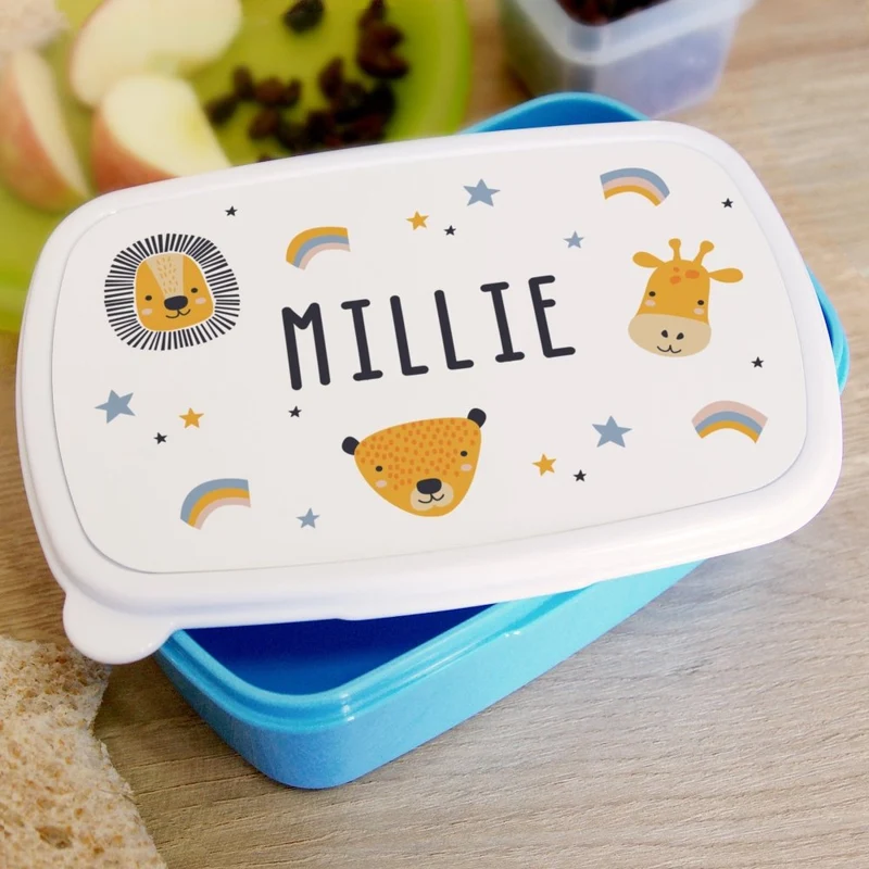 Personalised Safari Animals Name Only Blue Lunch Box