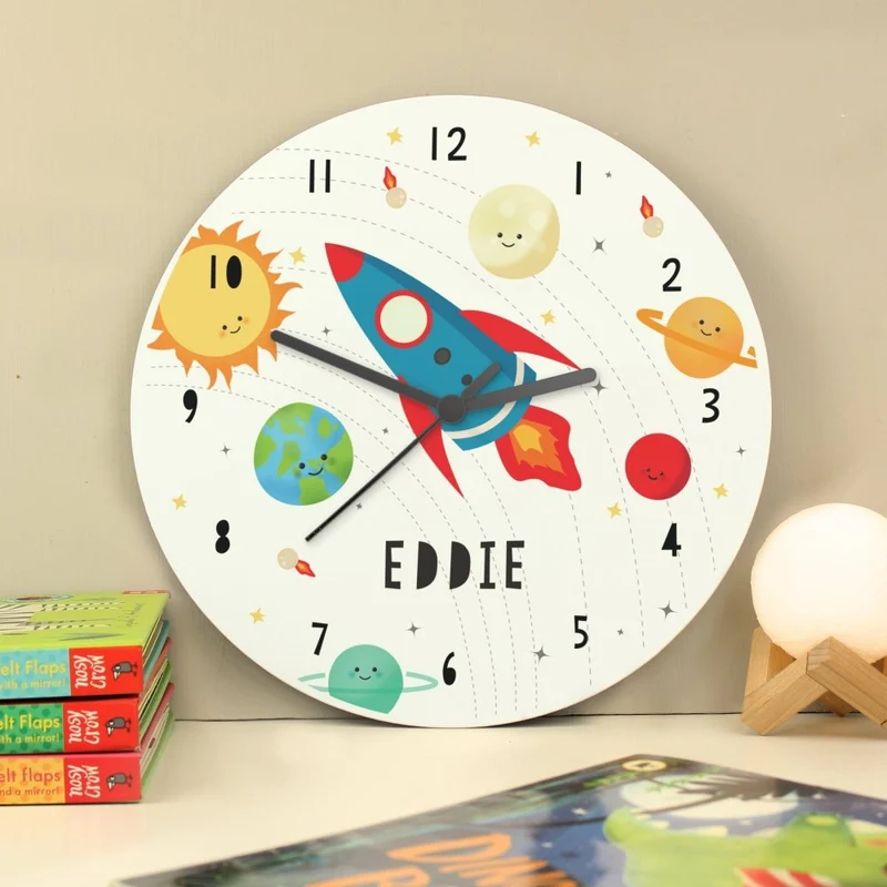 Personalised Rocket In Space Large Wooden Clock