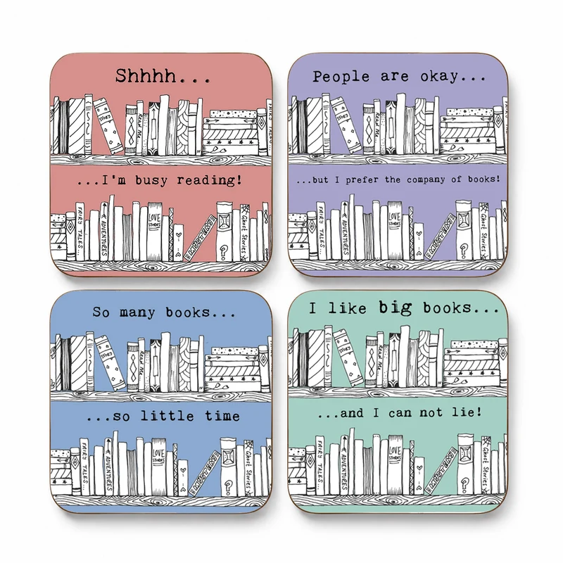 Funny Book Lover Coasters – Reading Gift Set of 4
