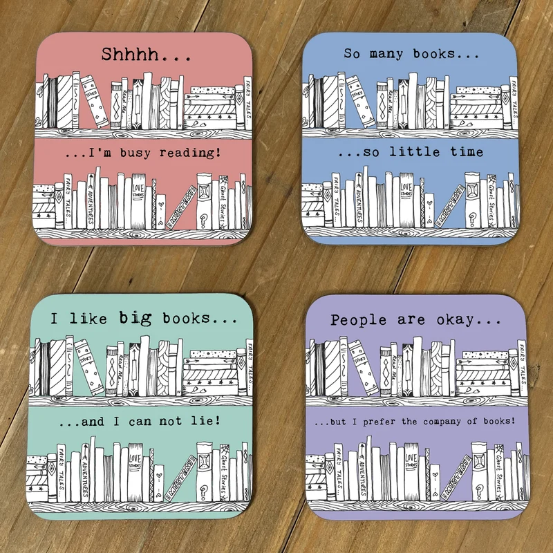 Funny Book Lover Coasters – Reading Gift Set of 4