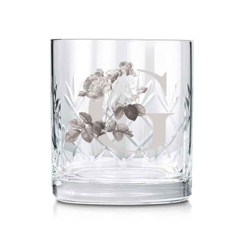 Engraved Cut Glass Tumblers With A Botanical Styles Initial