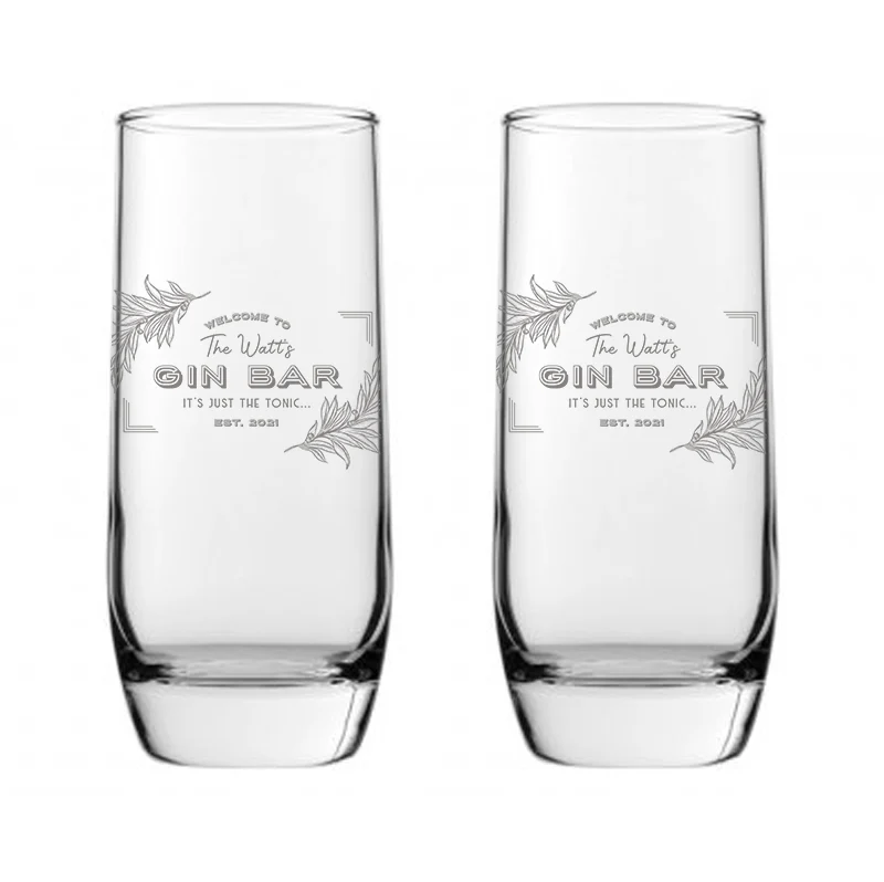 Engraved Hi-Ball Tumblers Personalised using of Gin Bar Design