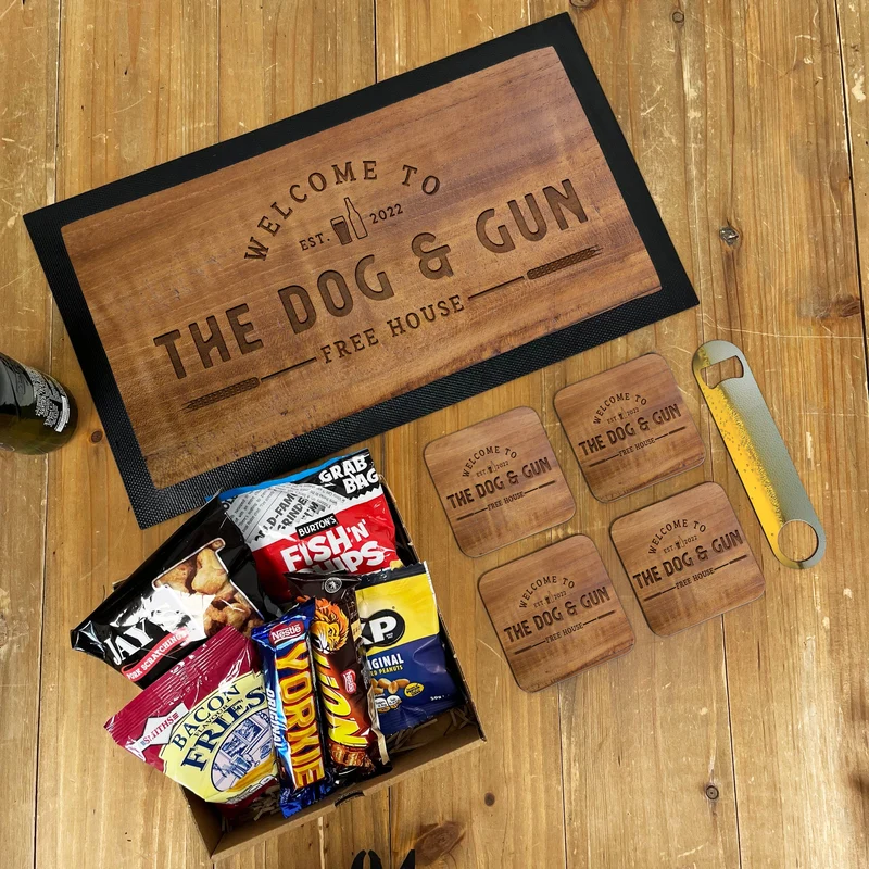 Personalised Bar Mat and Coasters Wood Accessories for a Home Bar