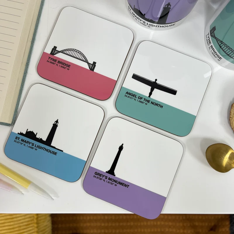North East Landmark Coasters Set – Newcastle & Northumberland Gifts (Custom Colour Options)