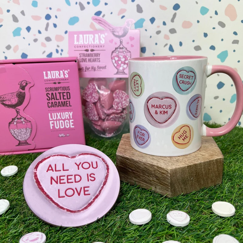 Personalised Love Hearts Mug and Coaster Set