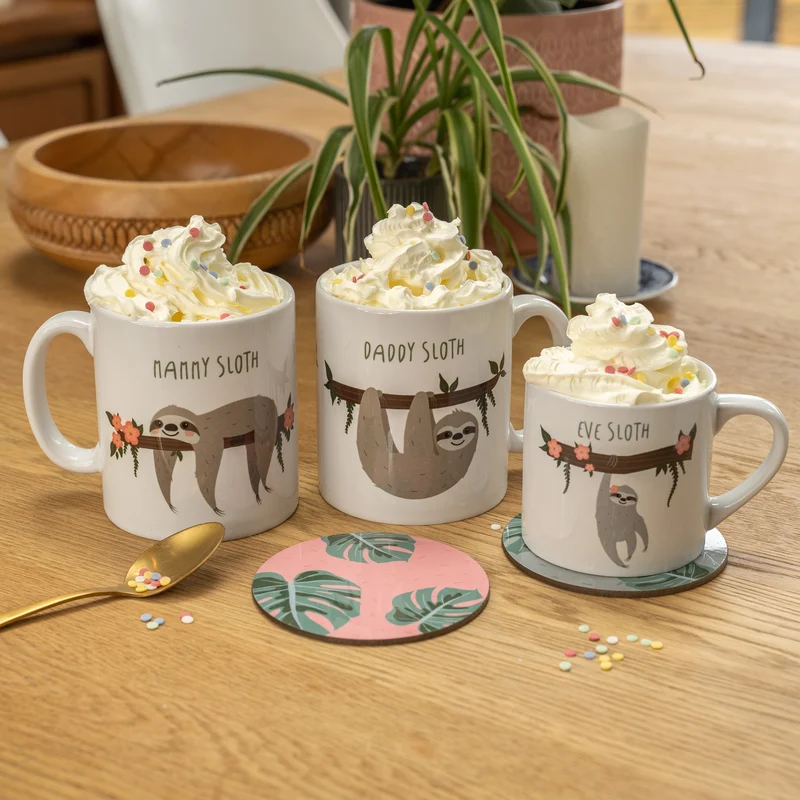 Sloth Family Mug & Coaster Set - Fun Personalised Mummy Daddy Baby Sloth New Home Gift - Mama Papa Toddler Mug Set Christmas Eve Present