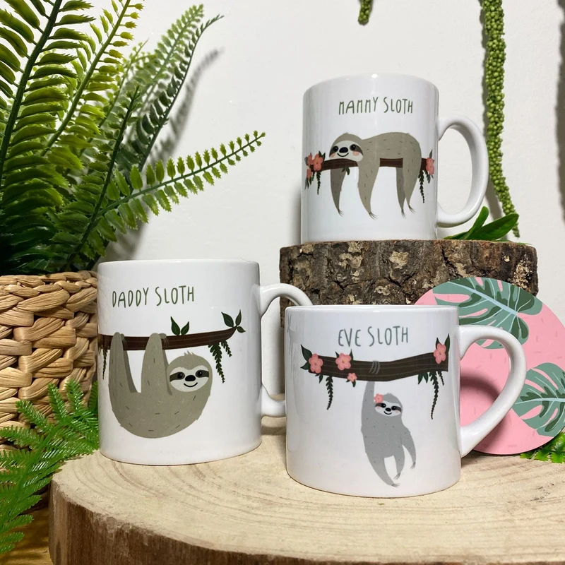 Sloth Family Mug & Coaster Set - Fun Personalised Mummy Daddy Baby Sloth New Home Gift - Mama Papa Toddler Mug Set Christmas Eve Present