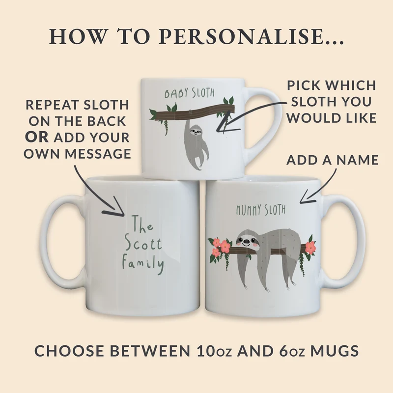Sloth Family Mug & Coaster Set - Fun Personalised Mummy Daddy Baby Sloth New Home Gift - Mama Papa Toddler Mug Set Christmas Eve Present