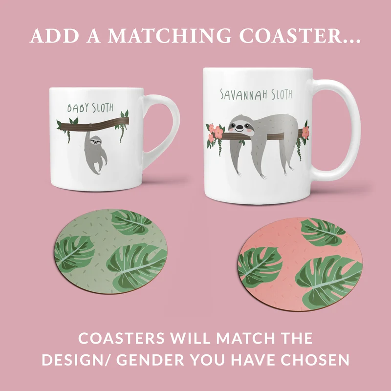 Sloth Family Mug & Coaster Set - Fun Personalised Mummy Daddy Baby Sloth New Home Gift - Mama Papa Toddler Mug Set Christmas Eve Present