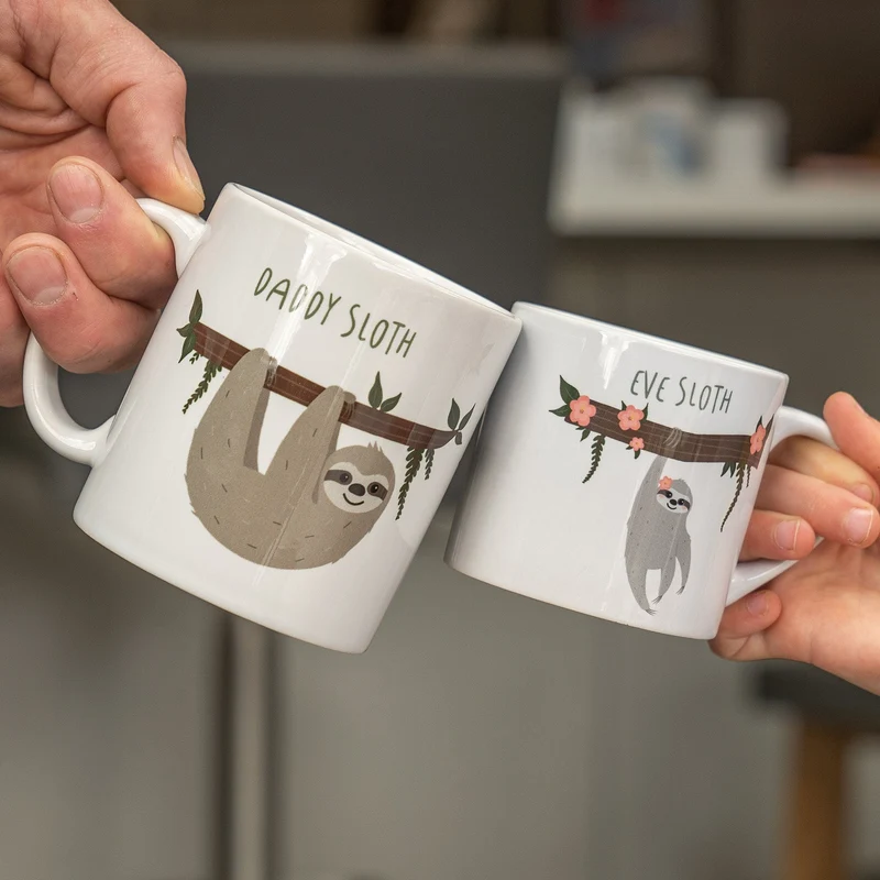 Sloth Family Mug & Coaster Set - Fun Personalised Mummy Daddy Baby Sloth New Home Gift - Mama Papa Toddler Mug Set Christmas Eve Present