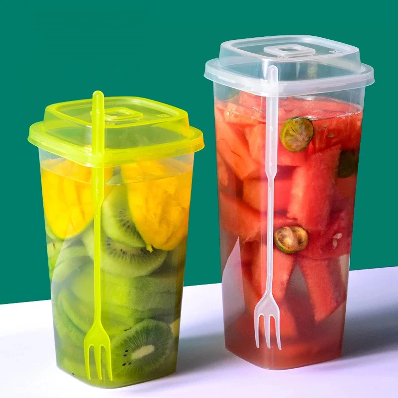 Bubbly Plastic Square Cup with Lid & Fork, 960ML - Pack of 25 Cups