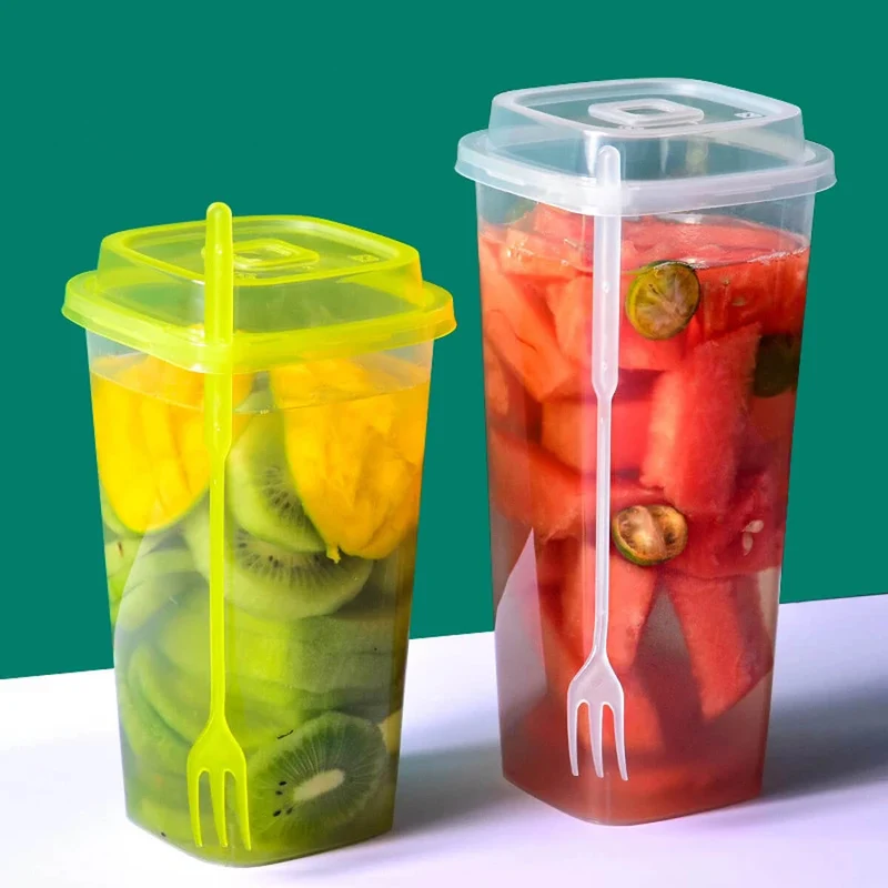 Bubbly Plastic Square Cup with Lid & Fork, 760ML - Pack of 25 Cups
