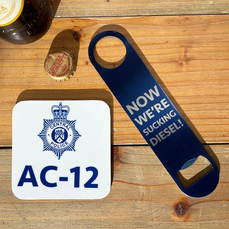 Personalised Line of Duty Bottle Opener & AC12 Coaster Set | Novelty Police Barblade Fan Gift