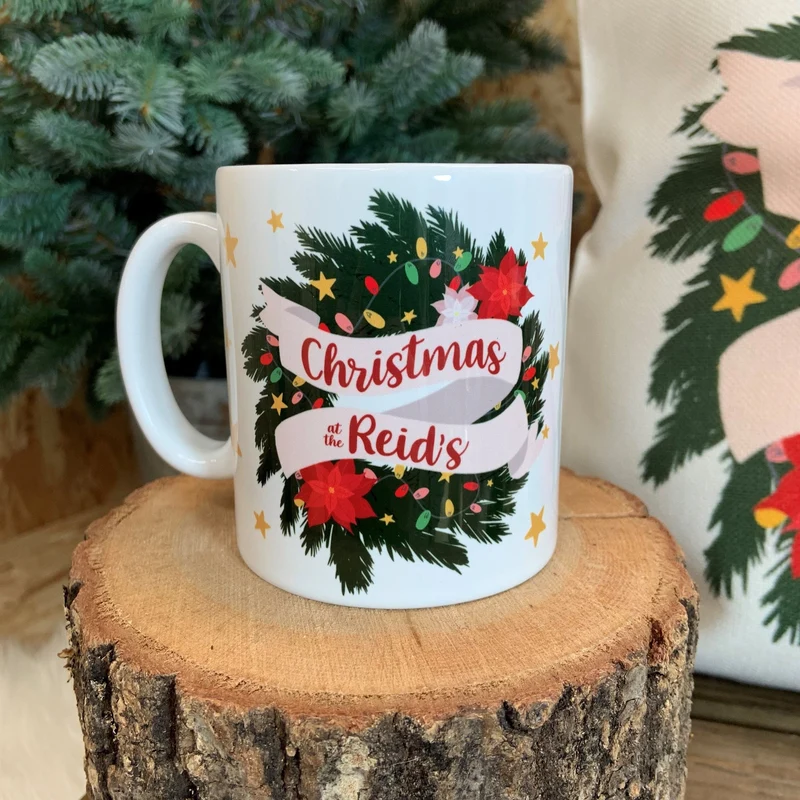 Personalised Christmas Wreath Mug and Coaster Gift Set