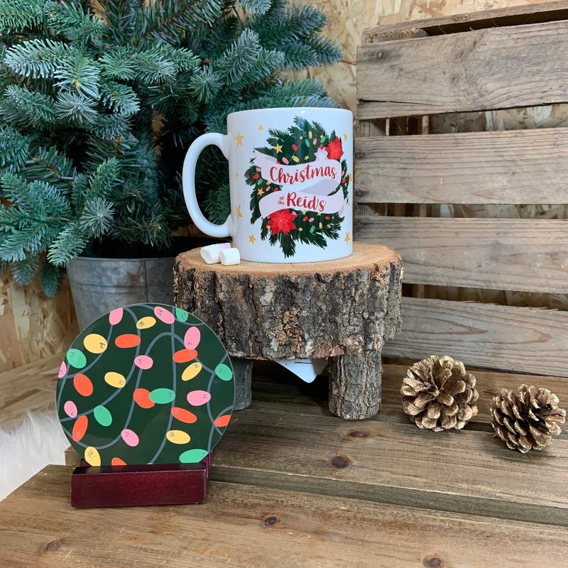 Personalised Christmas Wreath Mug and Coaster Gift Set