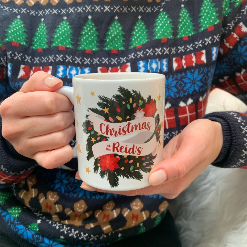 Personalised Christmas Wreath Mug and Coaster Gift Set