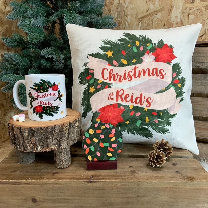 Personalised Christmas Wreath Mug and Coaster Gift Set