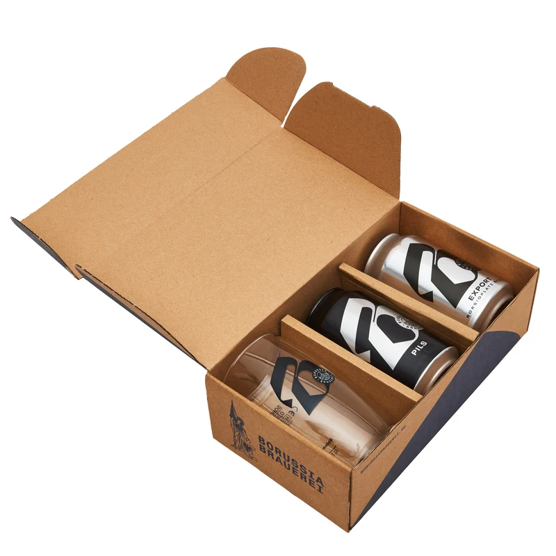 Geschenkbox Glas und je eine Dose Export und Pils