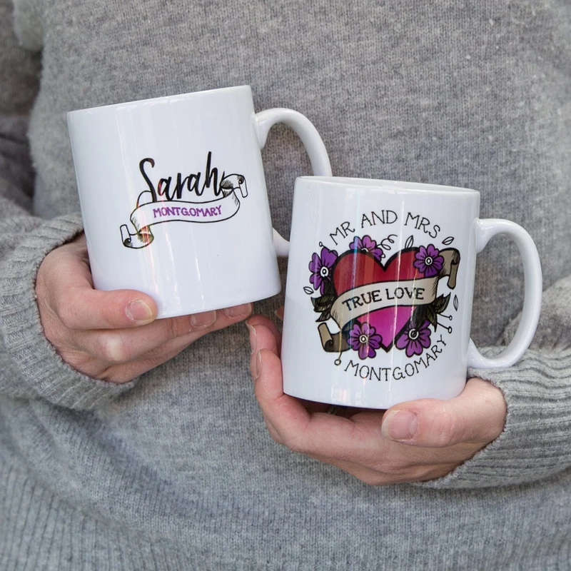 Mug Set For Couple - Sugar Skull Daisies And Illustrated Heart Tattoo Personalised - Wedding Gift