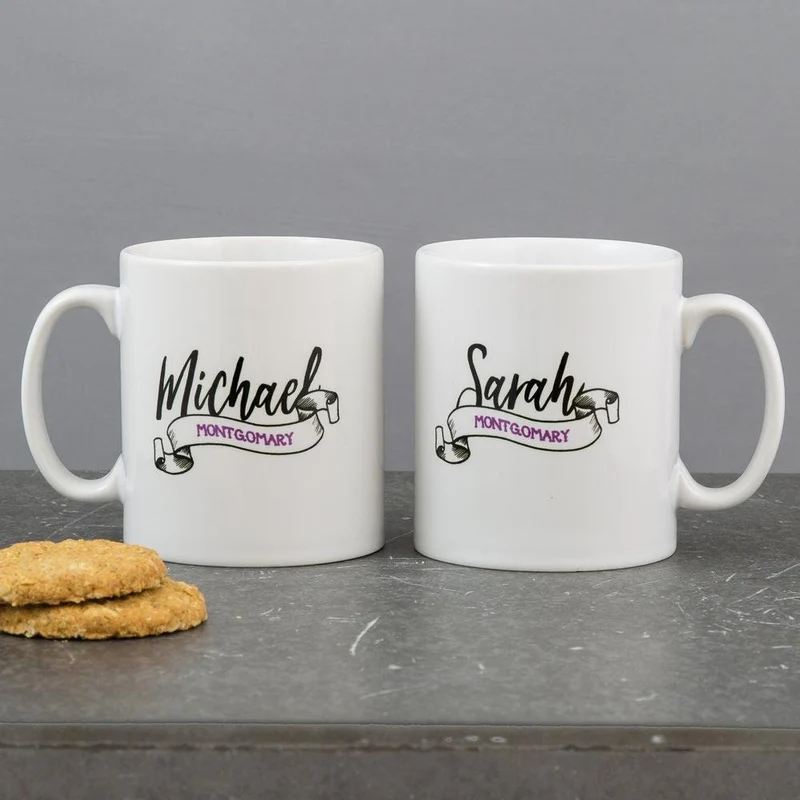 Mug Set For Couple - Sugar Skull Daisies And Illustrated Heart Tattoo Personalised - Wedding Gift