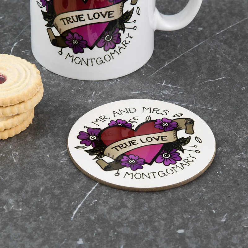 Mug Set For Couple - Sugar Skull Daisies And Illustrated Heart Tattoo Personalised - Wedding Gift