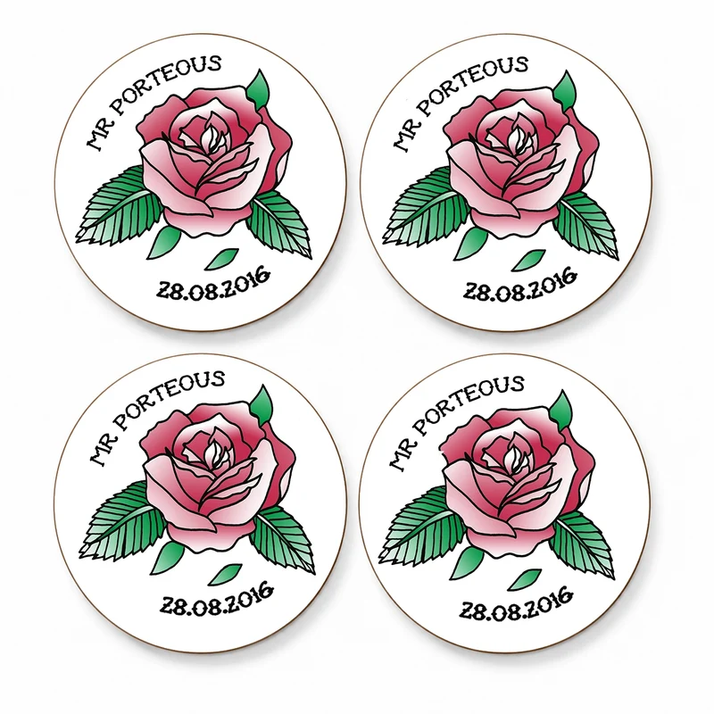 Personalised Rose Tattoo Coasters – Set of 4 Wedding & Anniversary Coasters