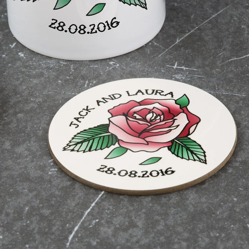 Personalised Rose Tattoo Coasters – Set of 4 Wedding & Anniversary Coasters