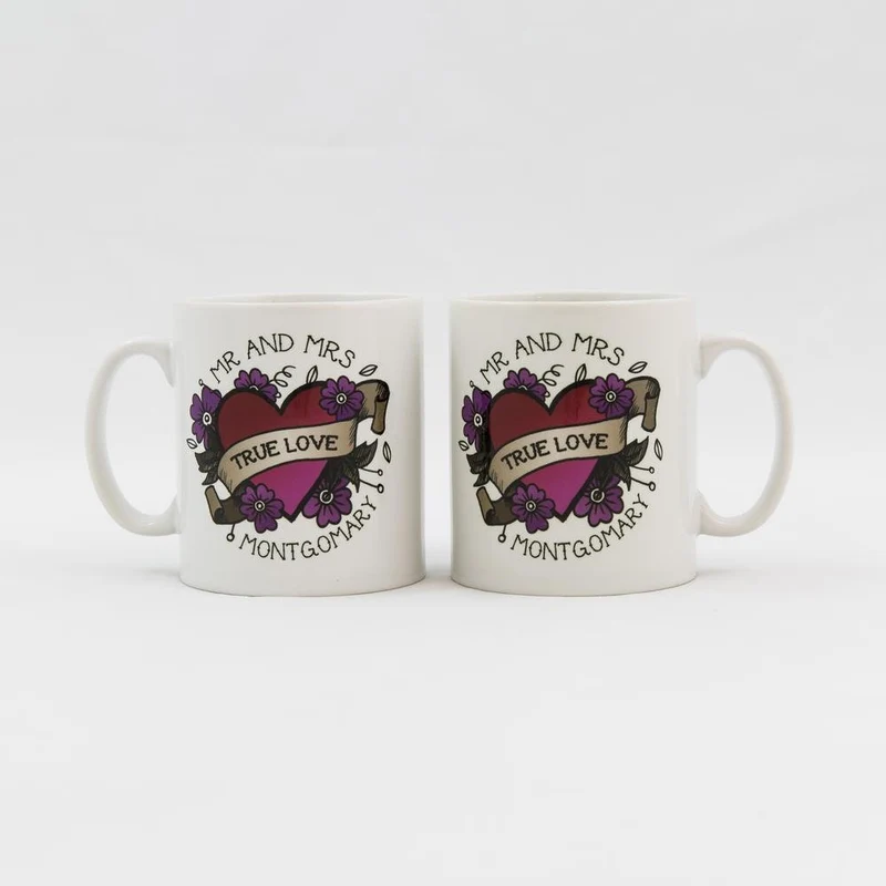 Gift For Wedding Couple - Sailor Jerry Heart & Flowers Tattoo Coaster - Unique Anniversary Present